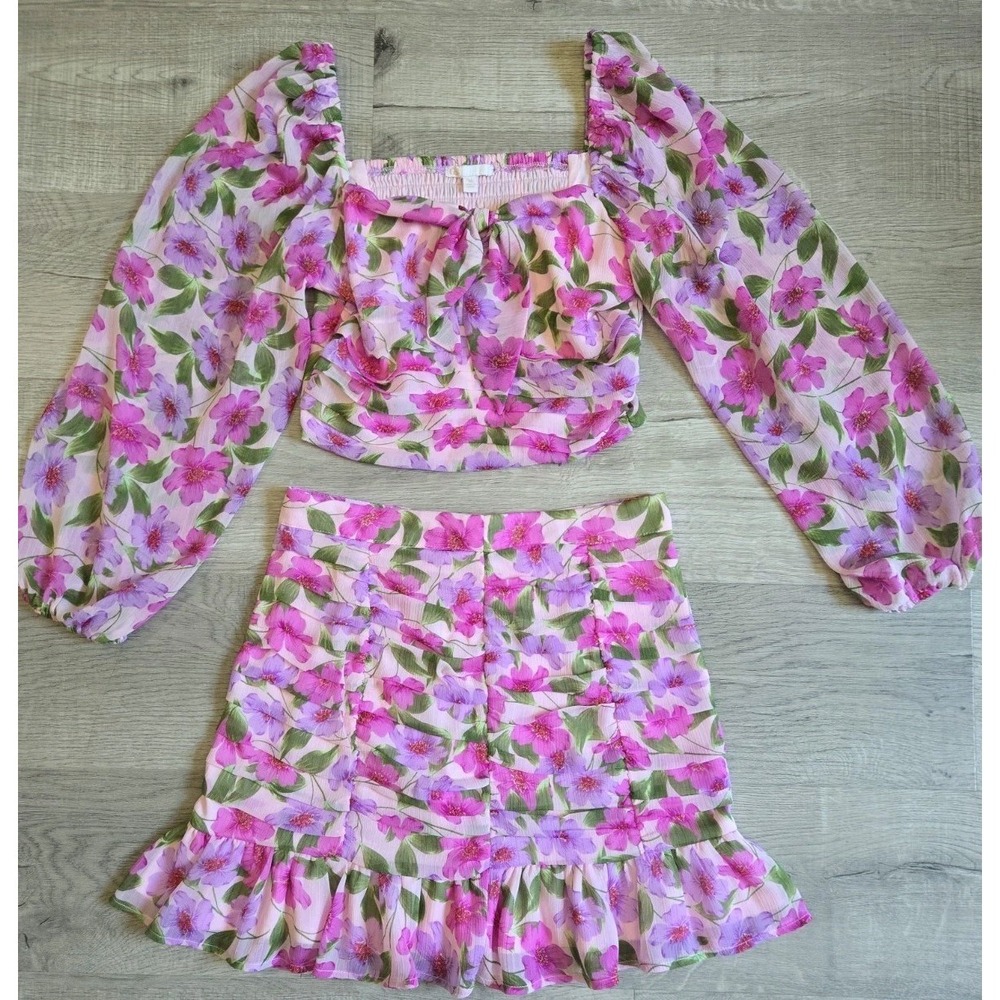 Gianni Bini Floral Ruffle Angel Crop Long Balloon Sleeve Top and Skirt Sz Medium